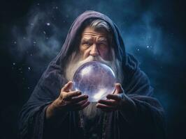 hombre narración desde un cristal pelota vestido como un misterioso fortuna cajero ai generativo foto