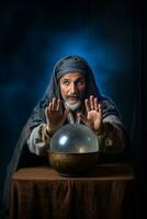 Man telling from a crystal ball dressed as a mysterious fortune teller AI Generative photo