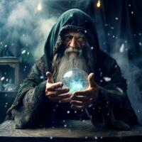 Man telling from a crystal ball dressed as a mysterious fortune teller AI Generative photo