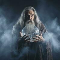 Man telling from a crystal ball dressed as a mysterious fortune teller AI Generative photo