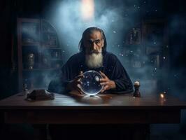 Man telling from a crystal ball dressed as a mysterious fortune teller AI Generative photo