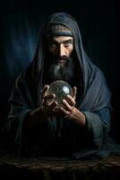 Man telling from a crystal ball dressed as a mysterious fortune teller AI Generative photo