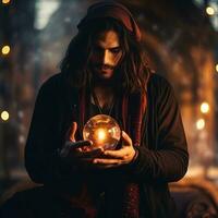 Man telling from a crystal ball dressed as a mysterious fortune teller AI Generative photo