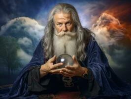 Man telling from a crystal ball dressed as a mysterious fortune teller AI Generative photo