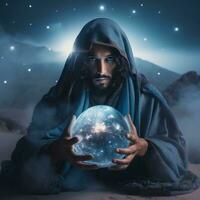 Man telling from a crystal ball dressed as a mysterious fortune teller AI Generative photo