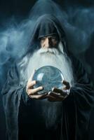 Man telling from a crystal ball dressed as a mysterious fortune teller AI Generative photo