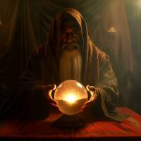 Man telling from a crystal ball dressed as a mysterious fortune teller AI Generative photo