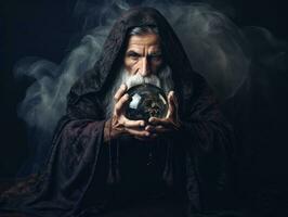 Man telling from a crystal ball dressed as a mysterious fortune teller AI Generative photo