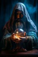 Man telling from a crystal ball dressed as a mysterious fortune teller AI Generative photo
