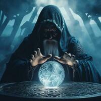 Man telling from a crystal ball dressed as a mysterious fortune teller AI Generative photo