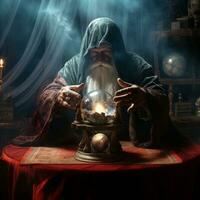 Man telling from a crystal ball dressed as a mysterious fortune teller AI Generative photo