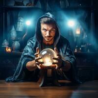 Man telling from a crystal ball dressed as a mysterious fortune teller AI Generative photo