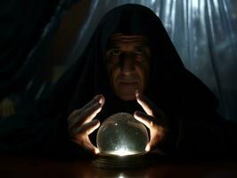 Man telling from a crystal ball dressed as a mysterious fortune teller AI Generative photo