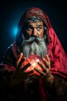 Man telling from a crystal ball dressed as a mysterious fortune teller AI Generative photo