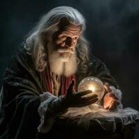 Man telling from a crystal ball dressed as a mysterious fortune teller AI Generative photo