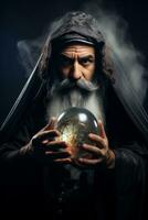 Man telling from a crystal ball dressed as a mysterious fortune teller AI Generative photo