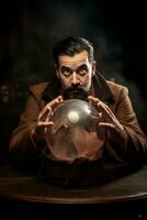 Man telling from a crystal ball dressed as a mysterious fortune teller AI Generative photo