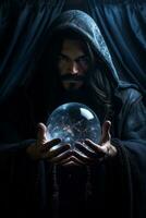 Man telling from a crystal ball dressed as a mysterious fortune teller AI Generative photo