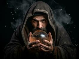 Man telling from a crystal ball dressed as a mysterious fortune teller AI Generative photo