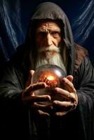 Man telling from a crystal ball dressed as a mysterious fortune teller AI Generative photo