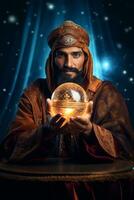 Man telling from a crystal ball dressed as a mysterious fortune teller AI Generative photo