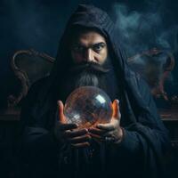 Man telling from a crystal ball dressed as a mysterious fortune teller AI Generative photo