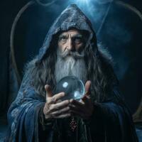 Man telling from a crystal ball dressed as a mysterious fortune teller AI Generative photo