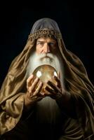 Man telling from a crystal ball dressed as a mysterious fortune teller AI Generative photo