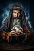 Man telling from a crystal ball dressed as a mysterious fortune teller AI Generative photo