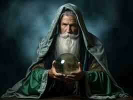 Man telling from a crystal ball dressed as a mysterious fortune teller AI Generative photo