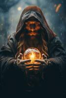 Man telling from a crystal ball dressed as a mysterious fortune teller AI Generative photo