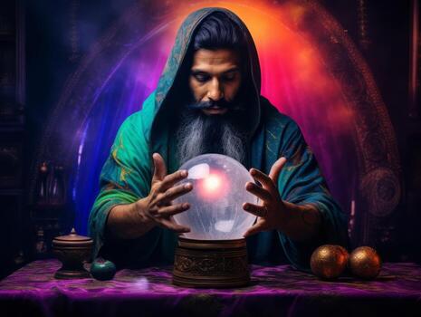Man telling from a crystal ball dressed as a mysterious fortune teller AI Generative photo