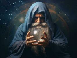 Man telling from a crystal ball dressed as a mysterious fortune teller AI Generative photo