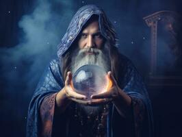 Man telling from a crystal ball dressed as a mysterious fortune teller AI Generative photo