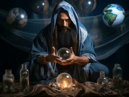 Man telling from a crystal ball dressed as a mysterious fortune teller AI Generative photo