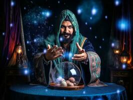 Man telling from a crystal ball dressed as a mysterious fortune teller AI Generative photo