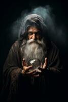 Man telling from a crystal ball dressed as a mysterious fortune teller AI Generative photo