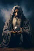 Man telling from a crystal ball dressed as a mysterious fortune teller AI Generative photo