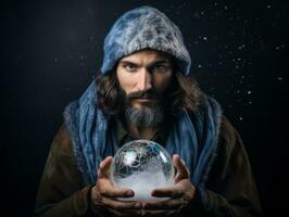 Man telling from a crystal ball dressed as a mysterious fortune teller AI Generative photo