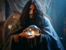 Man telling from a crystal ball dressed as a mysterious fortune teller AI Generative photo