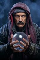 hombre narración desde un cristal pelota vestido como un misterioso fortuna cajero ai generativo foto