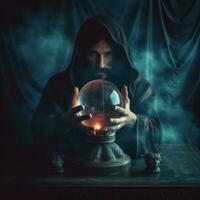 Man telling from a crystal ball dressed as a mysterious fortune teller AI Generative photo