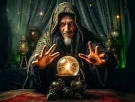 Man telling from a crystal ball dressed as a mysterious fortune teller AI Generative photo