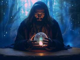 Man telling from a crystal ball dressed as a mysterious fortune teller AI Generative photo