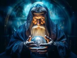 Man telling from a crystal ball dressed as a mysterious fortune teller AI Generative photo