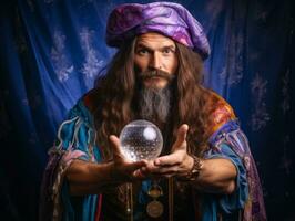 Man telling from a crystal ball dressed as a mysterious fortune teller AI Generative photo