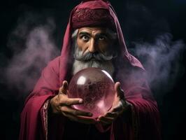 Man telling from a crystal ball dressed as a mysterious fortune teller AI Generative photo