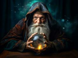 Man telling from a crystal ball dressed as a mysterious fortune teller AI Generative photo