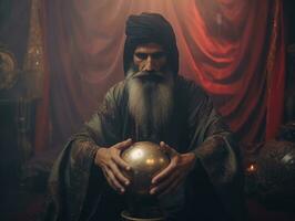 Man telling from a crystal ball dressed as a mysterious fortune teller AI Generative photo
