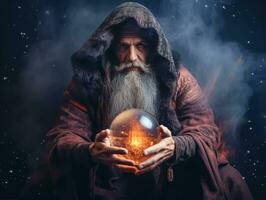 Man telling from a crystal ball dressed as a mysterious fortune teller AI Generative photo